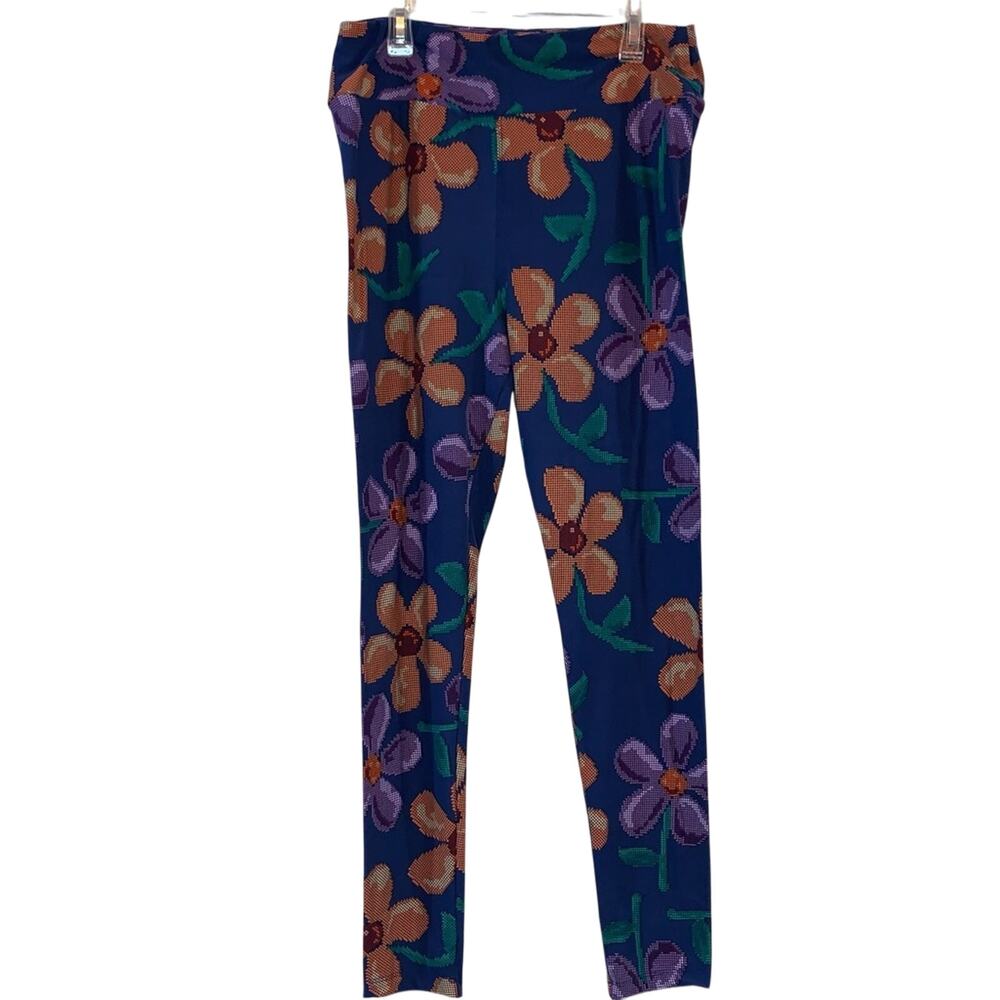 LuLaRoe Floral Leggings One Size Navy Purple Orange Stretch‎ Pants
